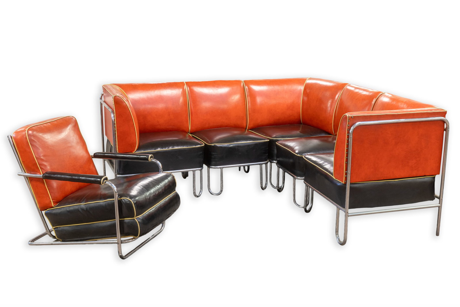 Gilbert Rohde for Troy Sunshade - Sectional Sofa & Chair 1930s Red and Black Vinyl Chrome Art Deco (1 of 12)