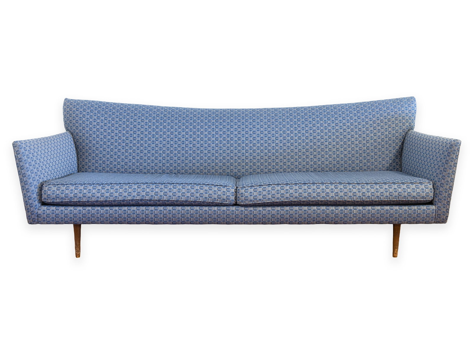 Paul McCobb - Pagoda Sofa, c. 1960s Blue Fabric Mid Century Modern: A vintage Paul McCobb "Pagoda" sofa. This is a very beautiful example of a mid century modern sofa featuring a gorgeous textured blue fabric upholstery, and a classic wood frame with tapered peg legs.