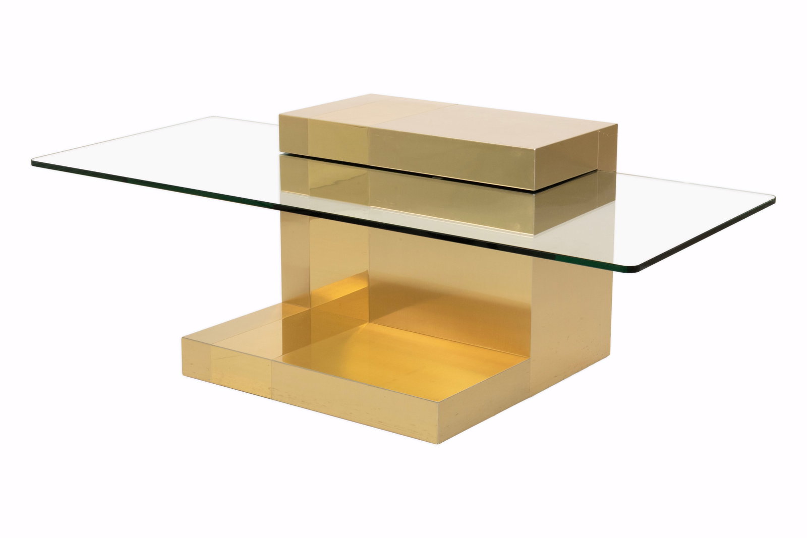 Paul Evans - Cityscape Floating Coffee Table c. 1970s Brass and Glass Postmodern Design: This striking Cityscape brass and glass floating coffee table by Paul Evans captures the sculptural, architectural spirit that defines his iconic work. Designed in the 1970s as part of the celebrated 