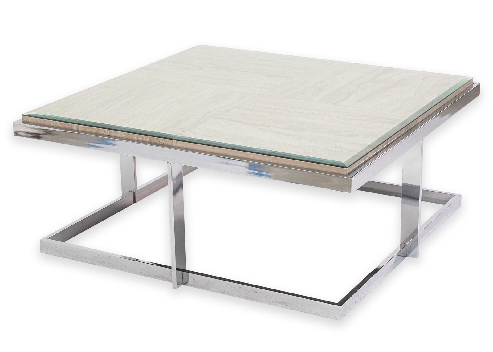 Milo Baughman - Chrome Glass & Travertine Stone Square Coffee Table 1970s Postmodern (1 of 7)