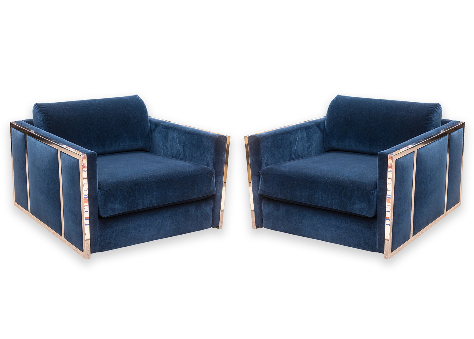 Milo Baughman - Pair of Blue Velvet and Flat Bar Chrome Cube Club Chairs (1 of 10)