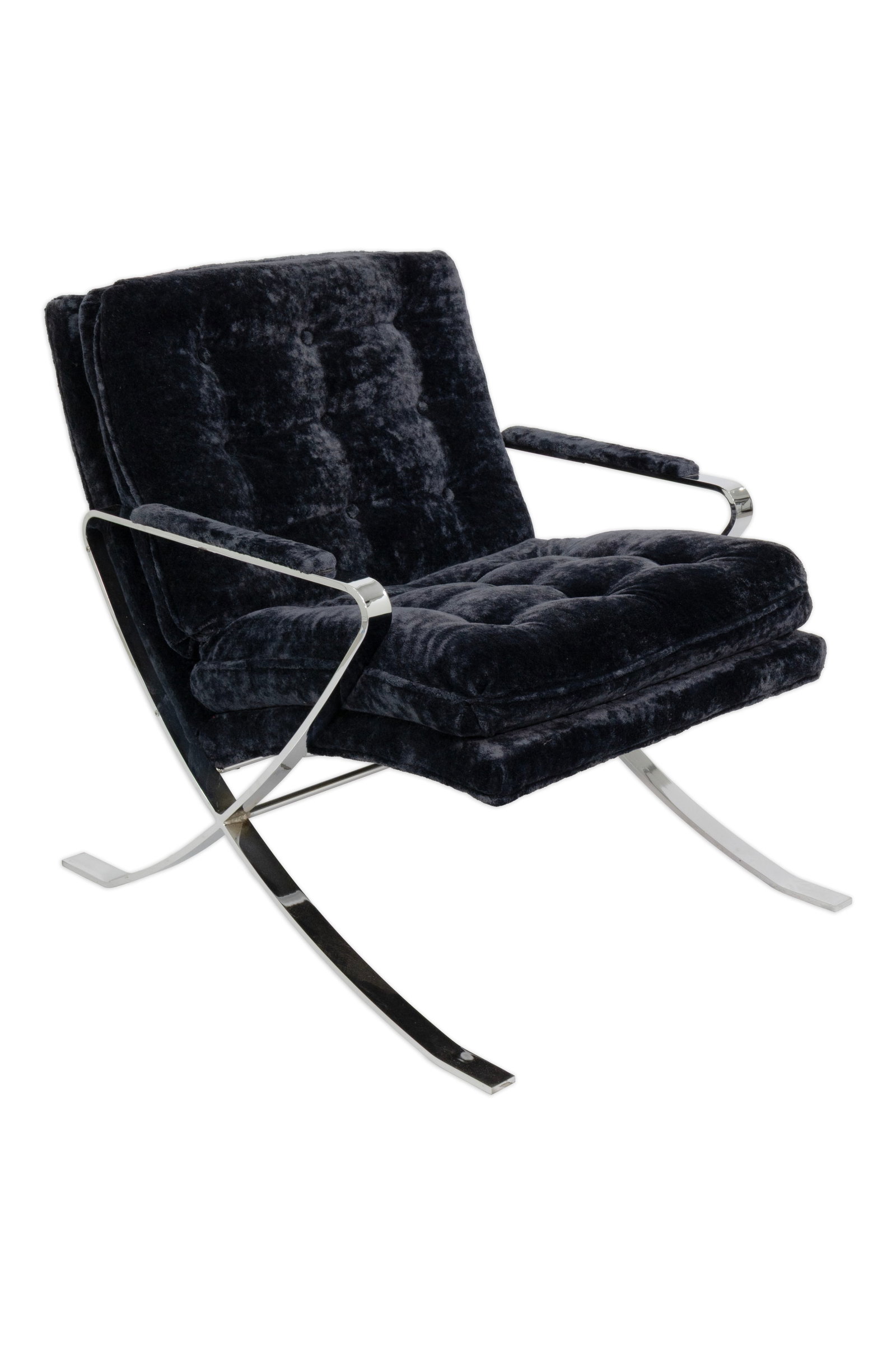 Bernhardt Flair Flat Bar Chrome And Crushed Velvet Armchair 1970s: This 1979 Flair armchair by Bernhardt embodies late modern glamour with a bold, sculptural presence. The chair features a sleek flat bar chrome frame that forms a continuous, architectural silhouette,
