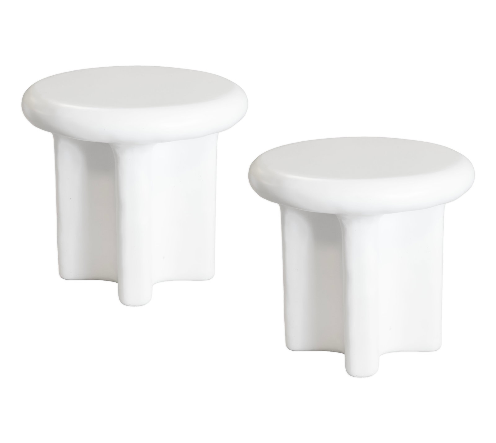 Pair Of Bodene Round Ivory Cast Resin Side Tables By Vuue: This pair of Bodene side tables by Vuue presents a sculptural take on everyday function. Crafted in cast resin with a smooth ivory finish, each table features a softly rounded top that feels both subs