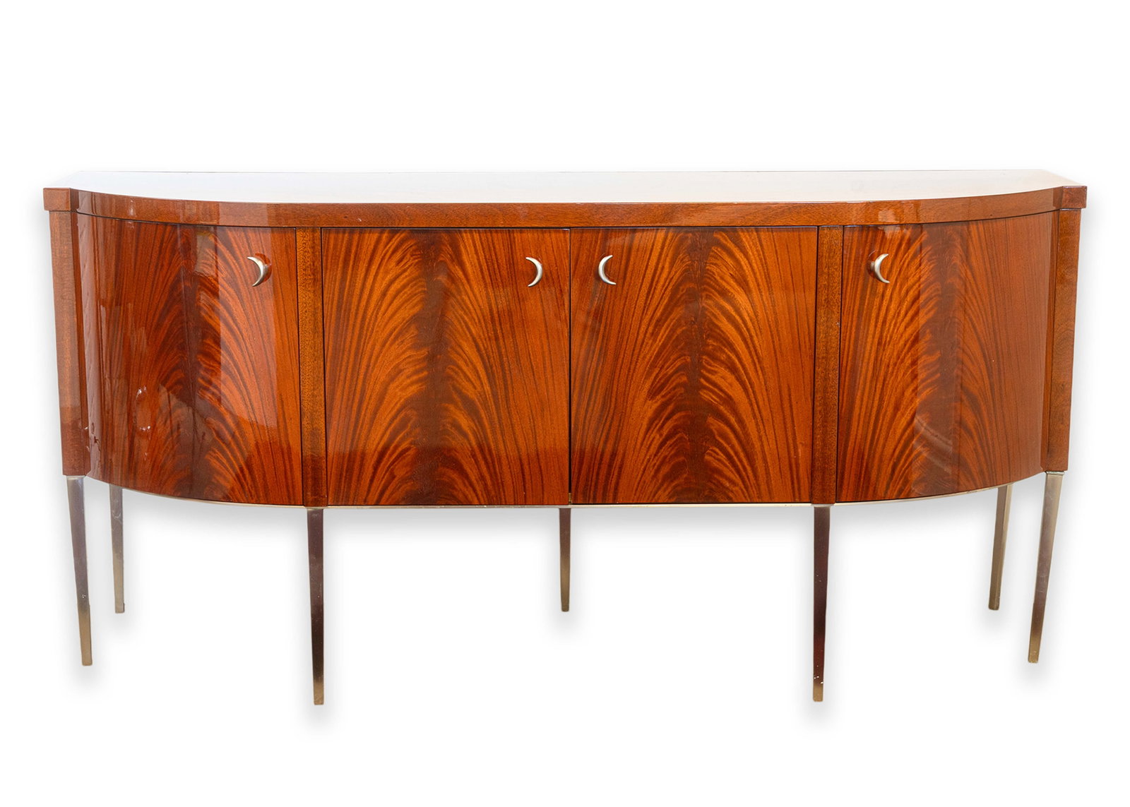 Greg Sheres Italian Mahogany Wood Verite Collection Buffet Credenza: A vintage Greg Sheres Italian mahogany Verite collection buffet credenza. A stunning storage unit featuring a lovely design by Greg Sheres. This piece features a long rectangular shape with soft, roun