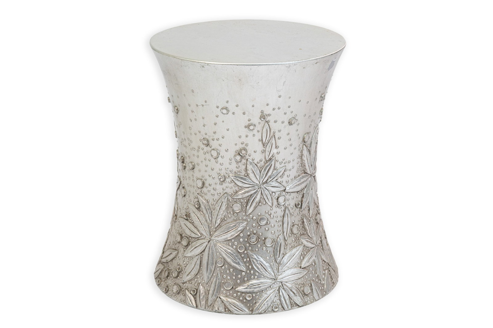 Baker Furniture - Petal Silver (Model 8694) Pedestal or Side Table, Contemporary Modern Furniture: A sculptural contemporary pedestal table by Baker Furniture from the “Petal Silver” collection, model 8694. The hourglass-form base is finished in a textured metallic silver surface featur