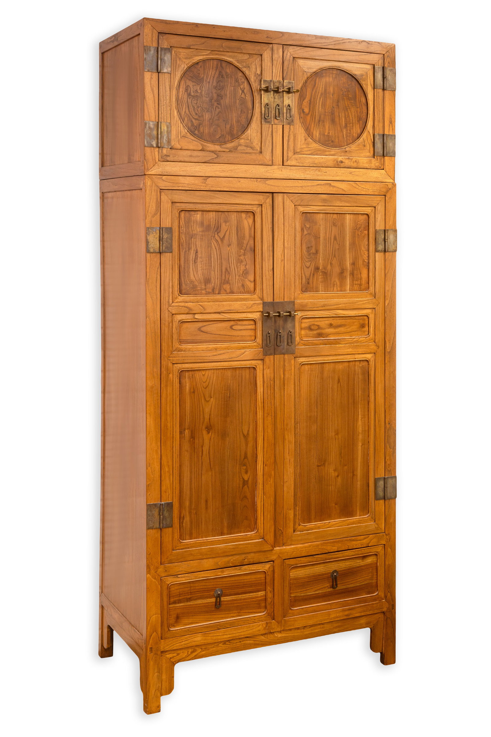 Qing Dynasty Style Chinese Elm Wedding Armoire Cabinet with Brass Hardware, Two-Part Wardrobe: A contemporary Chinese wedding armoire crafted in a traditional two-part cabinet form, featuring a smaller upper storage compartment above a larger wardrobe cabinet below. Constructed in richly graine
