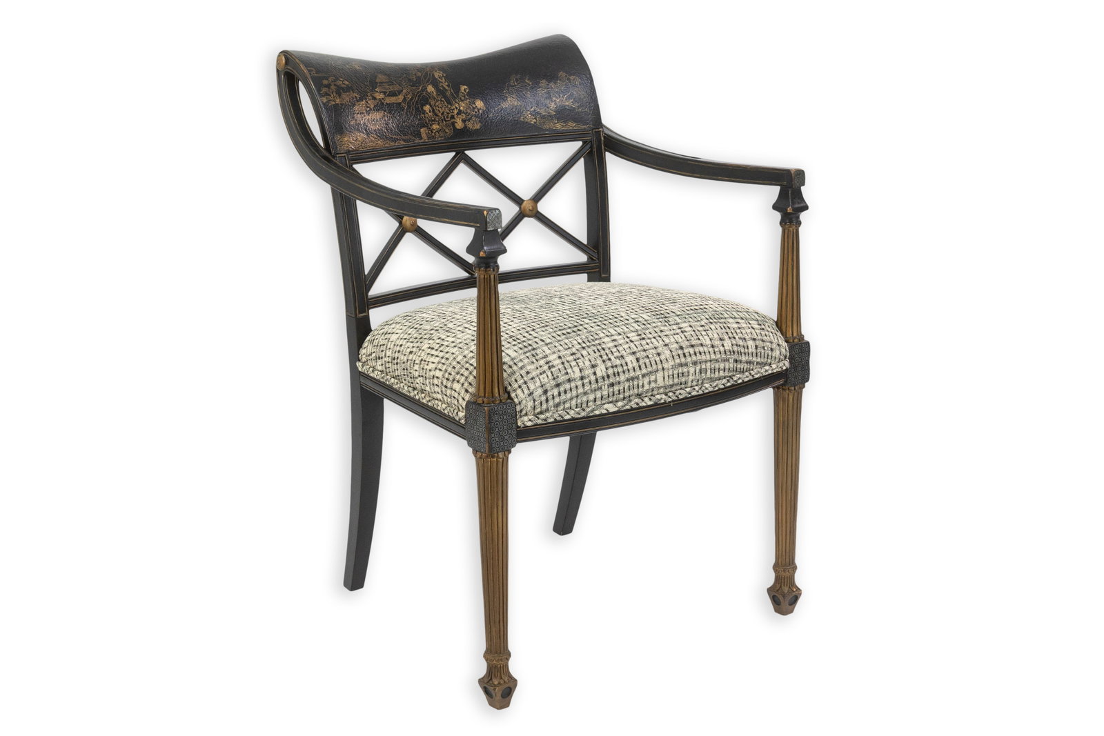 Interior Crafts of Chicago - Chinoiserie Regency Desk Armchair, 1960s Asian-Inspired Classic Design: An elegant chinoiserie-style desk armchair by Interior Crafts of Chicago, executed in the Regency taste with Asian-inspired decorative elements. The chair features a curved crest rail decorated with g