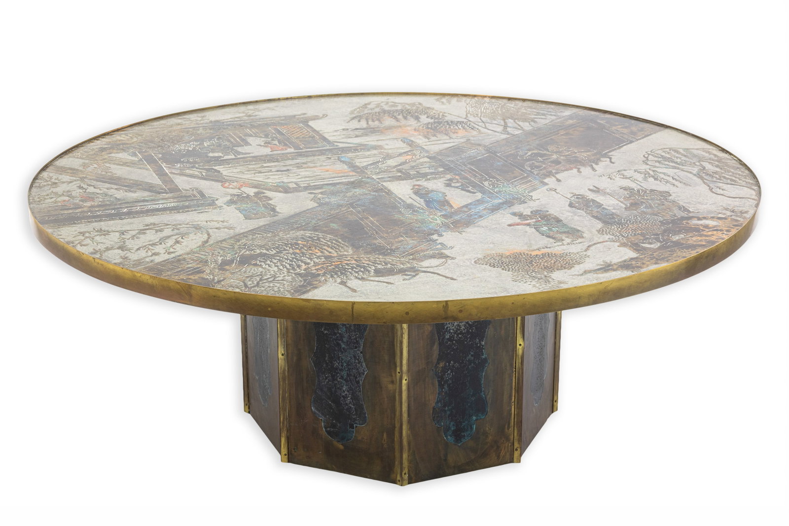 Philip and Kelvin LaVerne - Chan Coffee Cocktail Table, c. 1960s Signed Bronze, Pewter, and Enamel: An iconic signed coffee or cocktail table by father-and-son designers Philip LaVerne and Kelvin LaVerne from their celebrated “Chan” series, produced in the 1960s. The round tabletop featu
