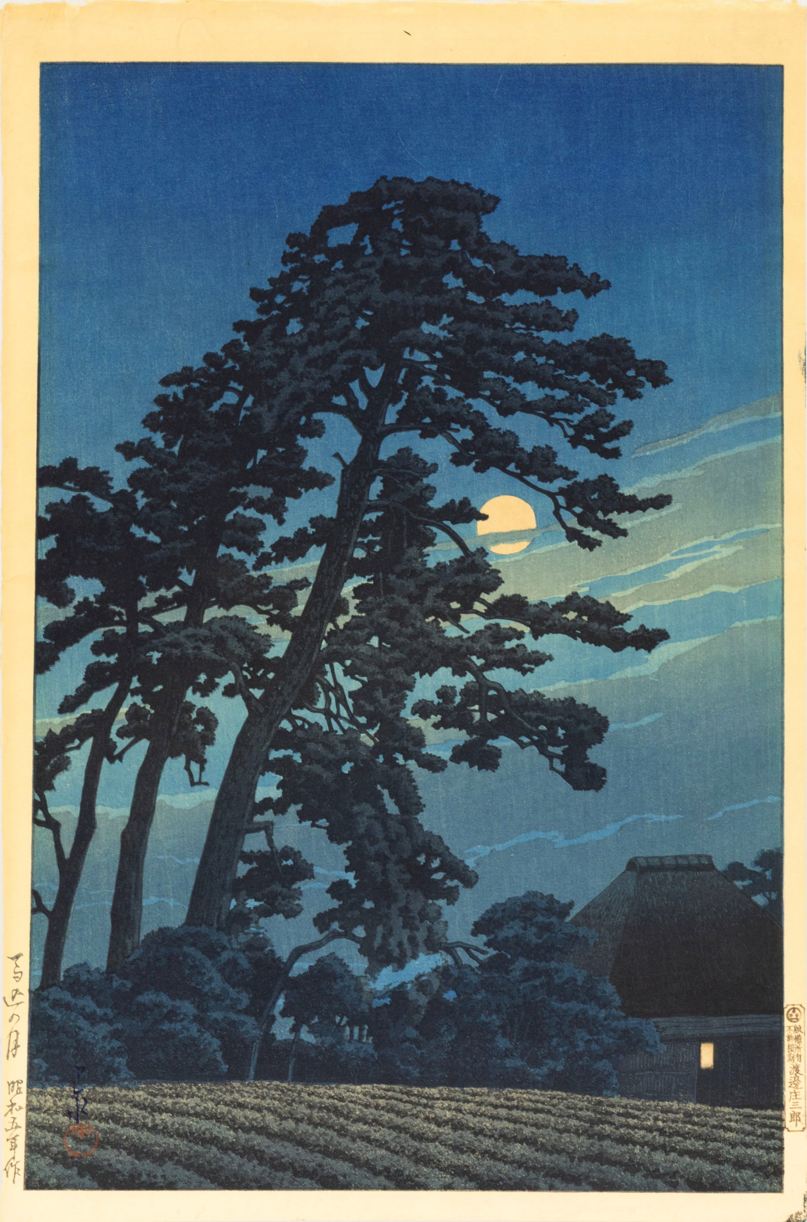 Hasui Kawase - Moon over Magone 1930 Woodcut on Paper Twenty views of Tokyo Series Unframed: A woodblock print on paper “Moon over Magone” by Hasui Kawase. Originally designed in 1930 as part of the Twenty Views of Tokyo series, published by Watanabe Shōzaburo. The compositio