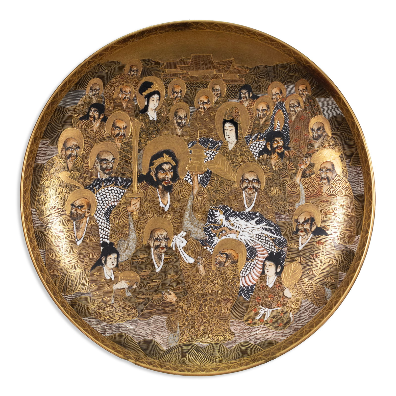 Antique Japanese Satsuma Ware Plate Porcelain & Gold Asian 19th Century: This exquisite hand-painted porcelain plate features intricate gold detailing and traditional Asian motifs characteristic of Satsuma ware. Richly adorned with elaborate figural scenes, florals, and sy