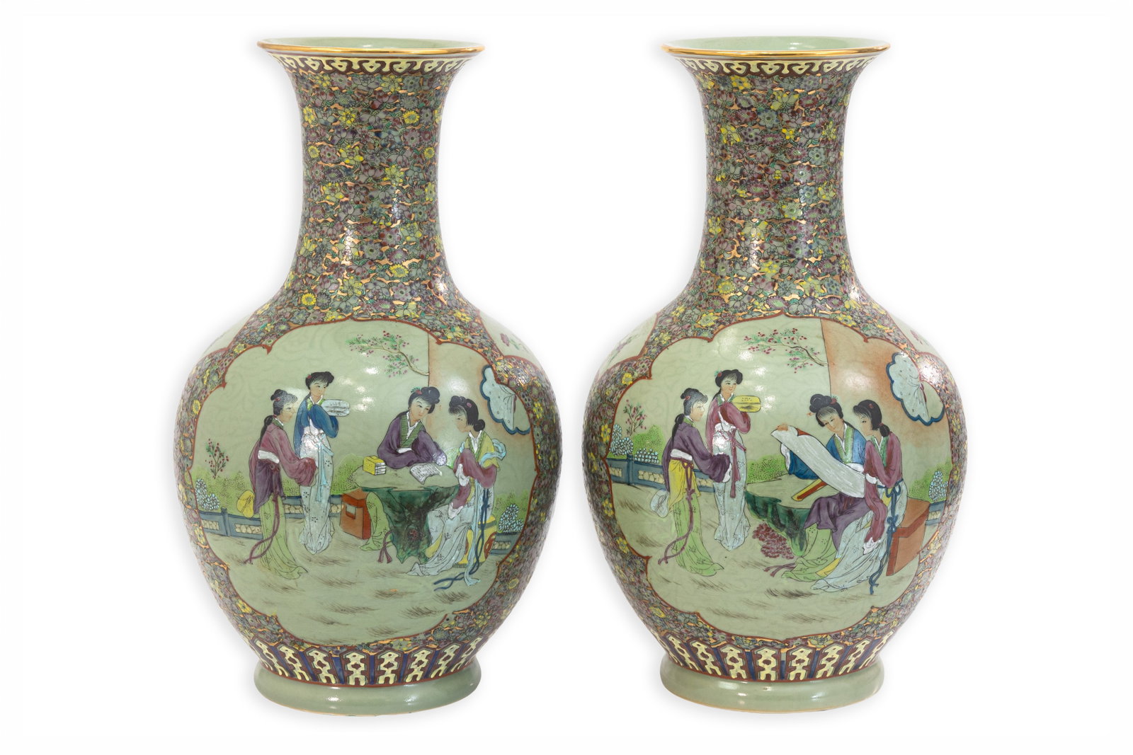 Ku Yueh Hsien Design Pair of Chinese Celadon Ground Porcelain Scholar Vases Millefleur, 20th C (1 of 9)