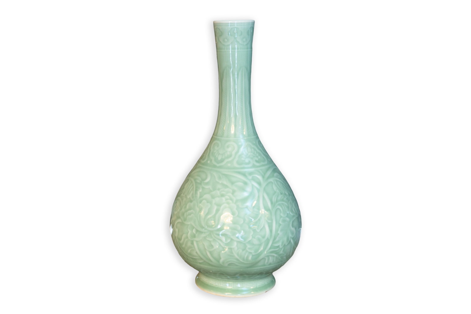 Chinese Celadon Glazed Narrow Neck Porcelain Vase with Incised Foliate Decoration, 18th Century (1 of 7)