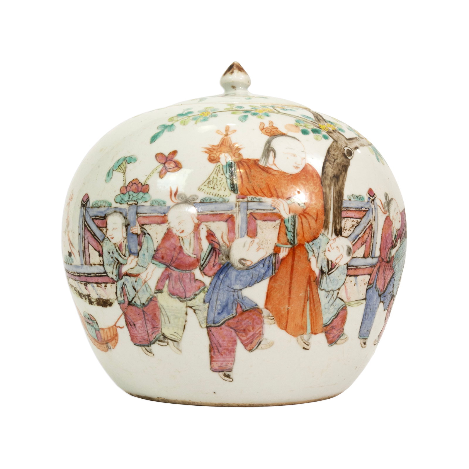 Chinese Famille Rose Porcelain Ginger Jar with Figural Decoration 19th Century: Antique 19th century Chinese porcelain ginger jar decorated in a famille rose palette with animated figural scenes depicting children and attendants in a garden setting. The rounded covered form featu