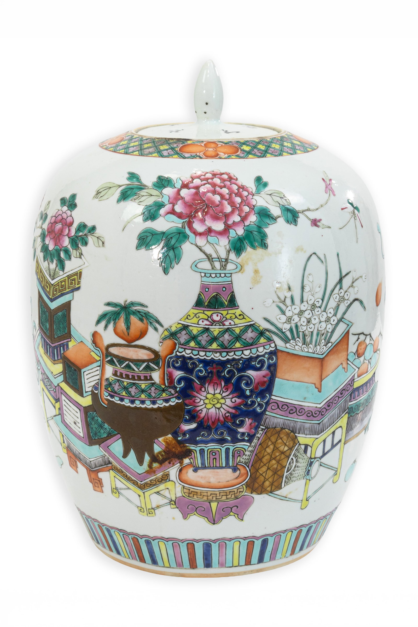 Chinese Famille Rose Porcelain Ginger Jar with Floral & Scholar Motif Decor, 20th Century (1 of 9)