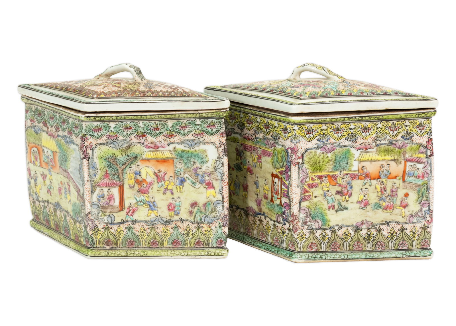 Pair of Chinese Famille Rose Style Porcelain Covered Boxes with Figural Scenes (1 of 6)