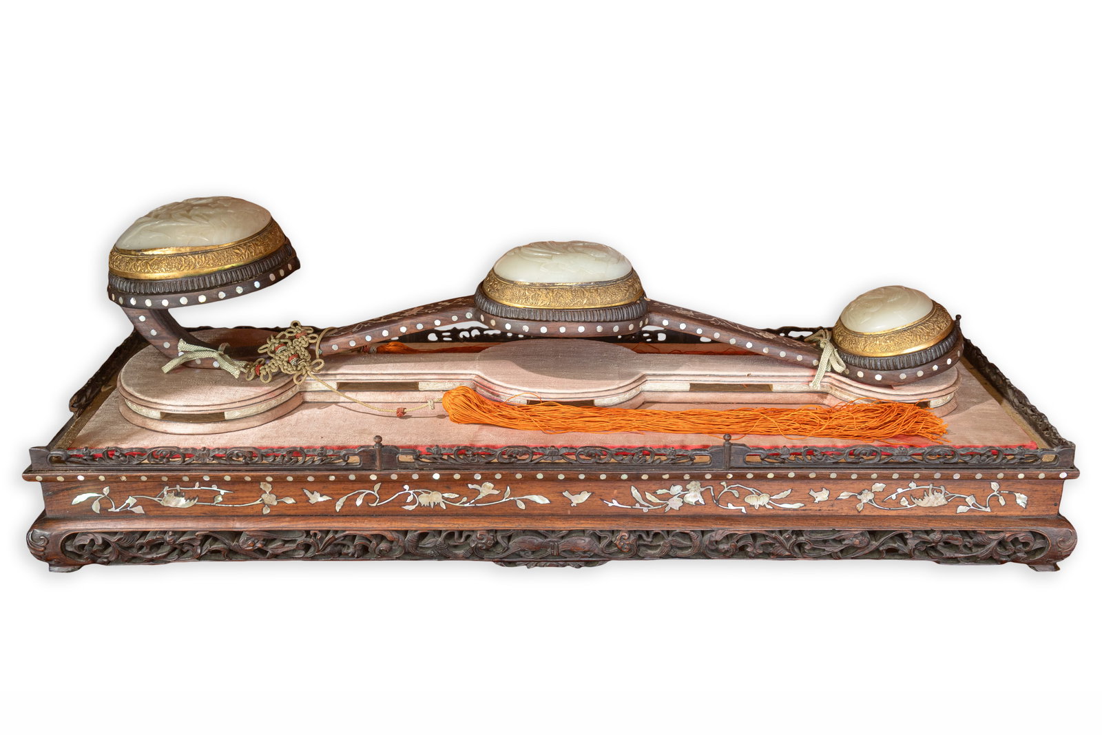 Chinese Mother-of-Pearl and Jade Ruyi Scepter with Carved Bone Inlay Display Stand: Decorative Chinese ruyi-style scepter featuring carved pale jade plaques mounted within a finely detailed hardwood form with mother-of-pearl and bone inlay decoration. The elongated sculptural design 