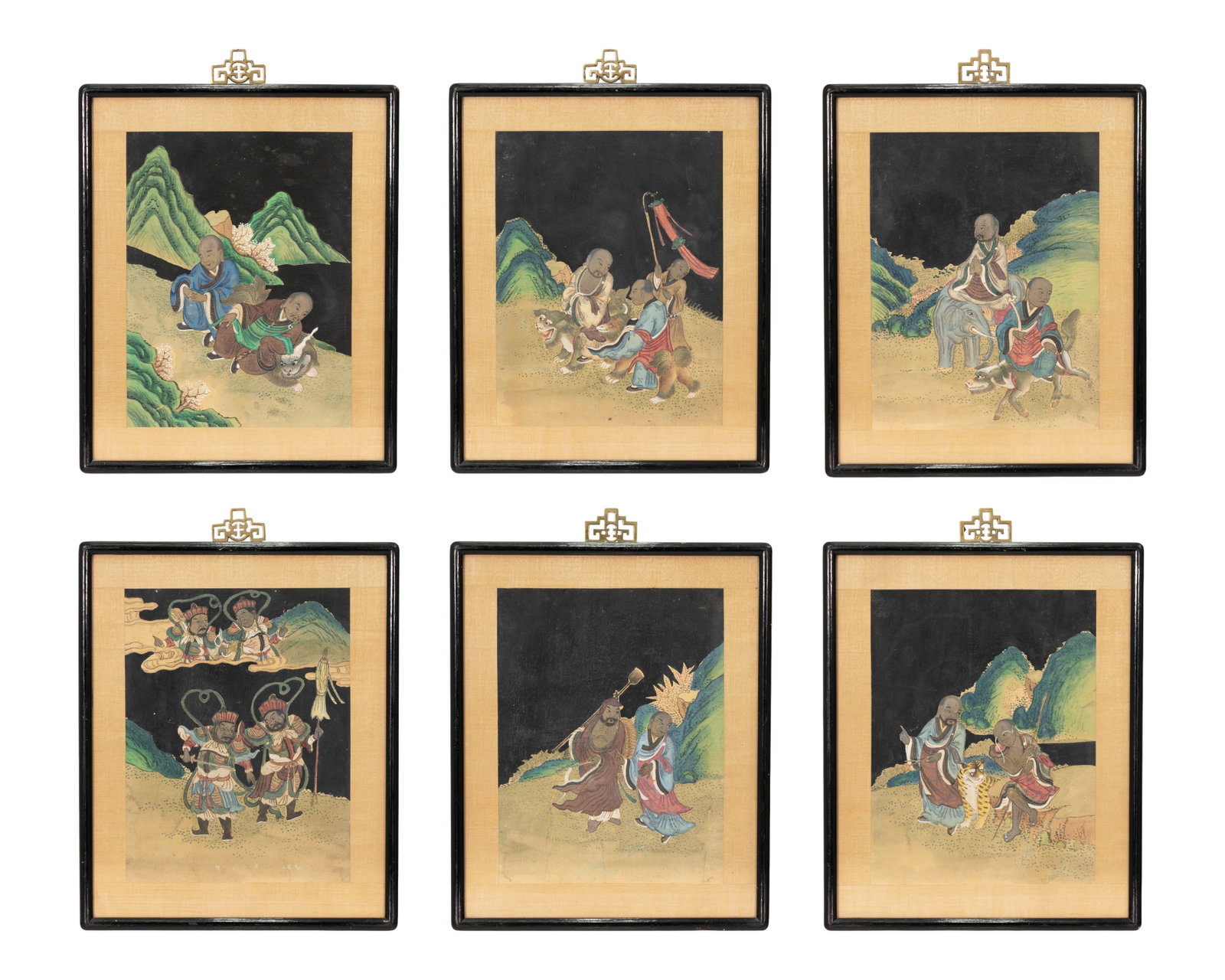 Set of Six Chinese Religious Paintings on Silk, Early 19th Century Asian Decorative Art: This finely executed set of six Chinese paintings on silk depicts Buddhist and religious figures rendered in delicate multicolor pigments against stylized mountainous landscapes. The compositions port