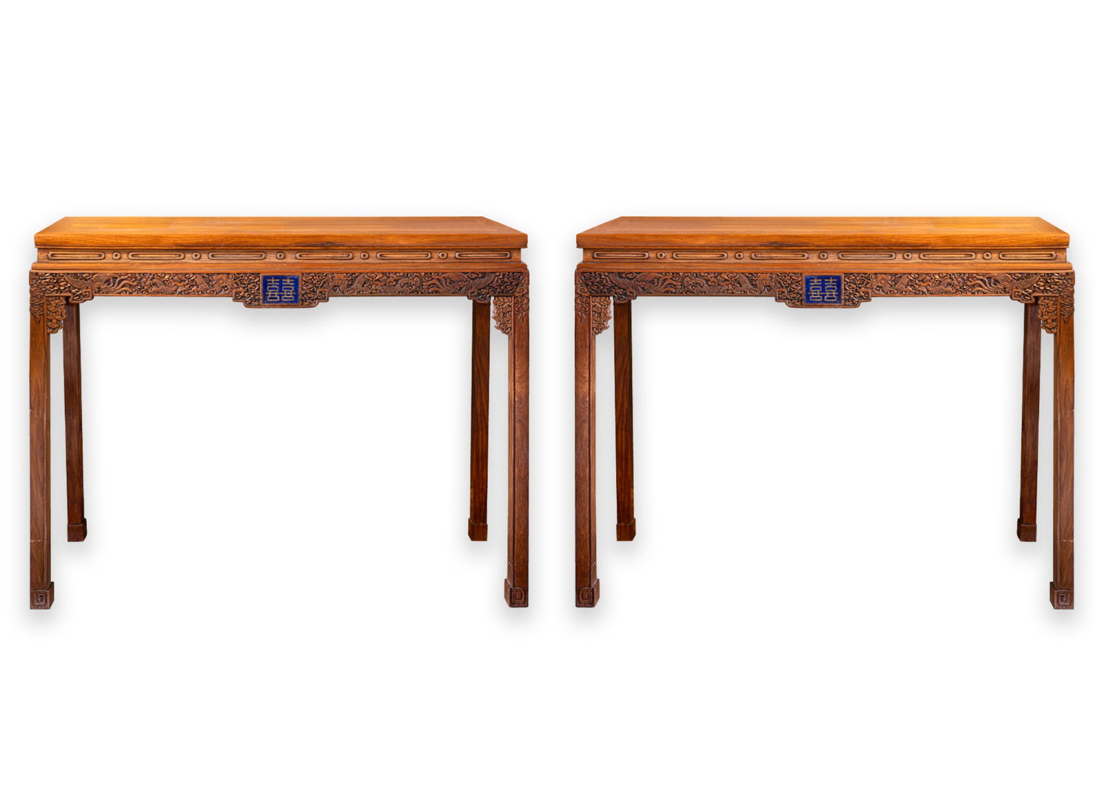 Chinese Huanghuali Console Tables with Cloisonne Inlay Asian Decorative Furniture: Exceptional pair of Chinese console tables executed in richly figured huanghuali wood and accented with rare cloisonne inlay panels depicting the double happiness symbol. The apron carvings feature fi