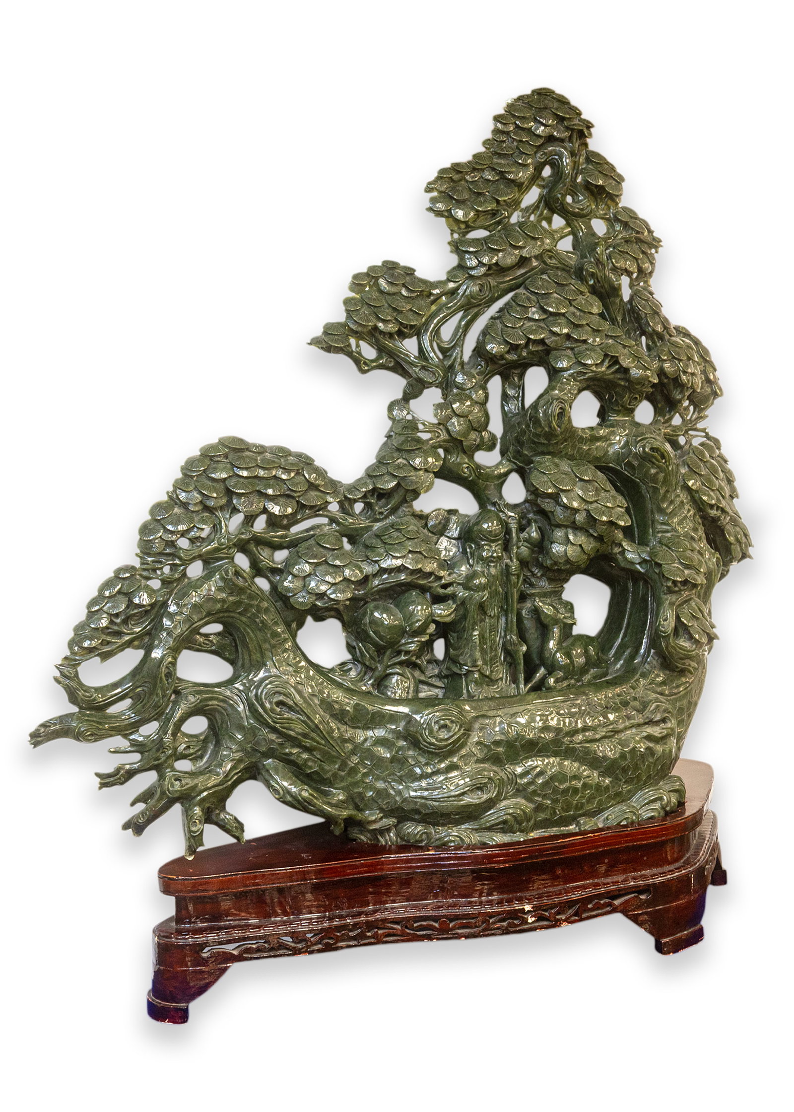 Chinese Carved Jade Sculpture with Shou Lao, Deer, and Dragon Base 36”: A vintage Chinese sculpture intricately carved from rich green jade, featuring the Taoist deity Shou Lao (symbol of longevity), a deer (representing prosperity), peaches (symbols of immortality), and 