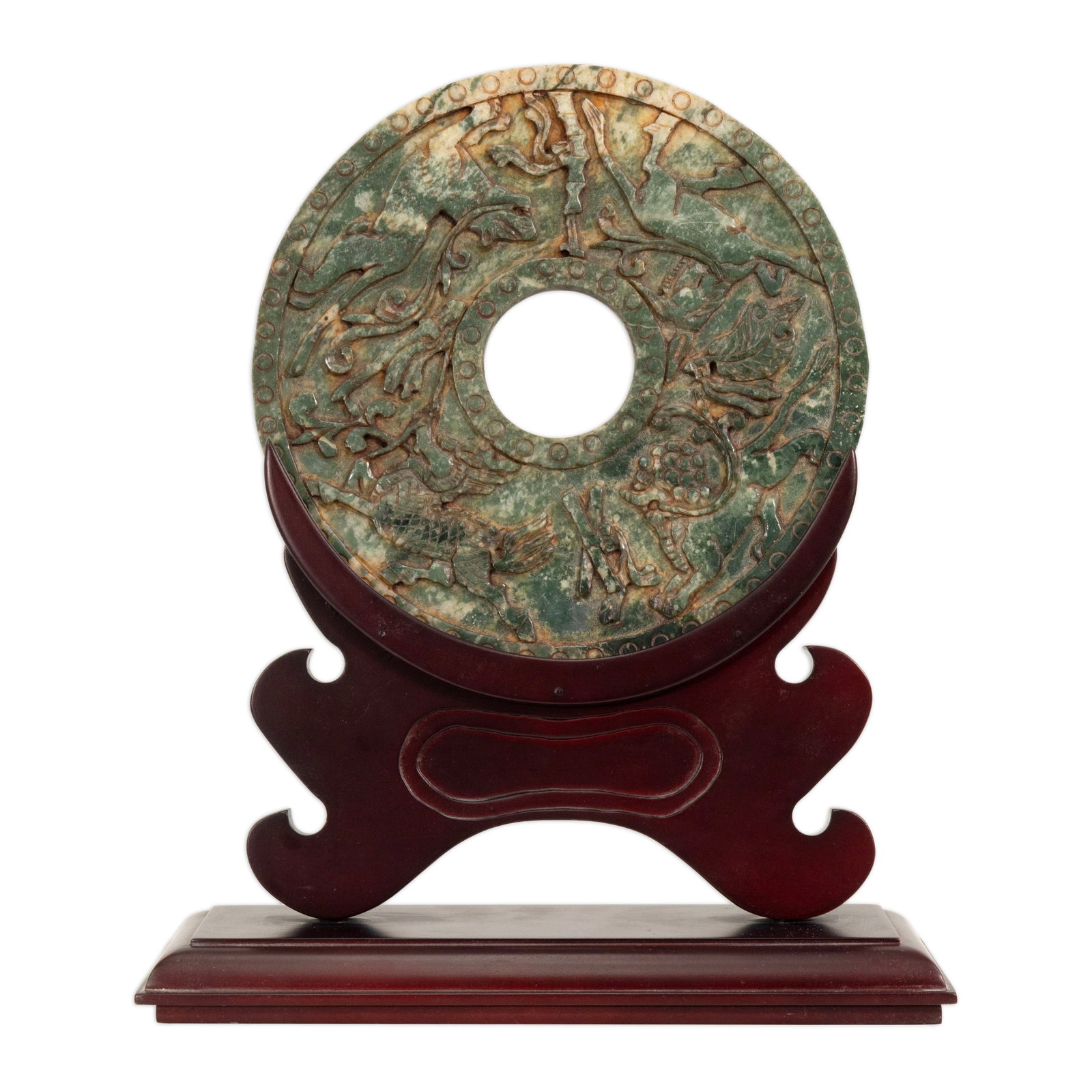 Chinese Carved Stone Bi Disc with Dragon Motif on Hardwood Stand (1 of 4)