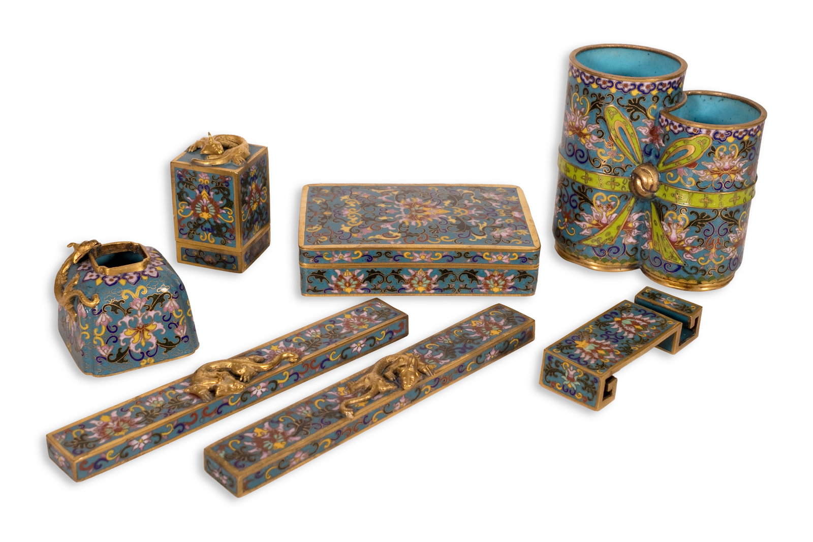Vintage Chinese Qing Dynasty Desk or Calligraphy Set Cloisonne Asian Scholar (1 of 17)