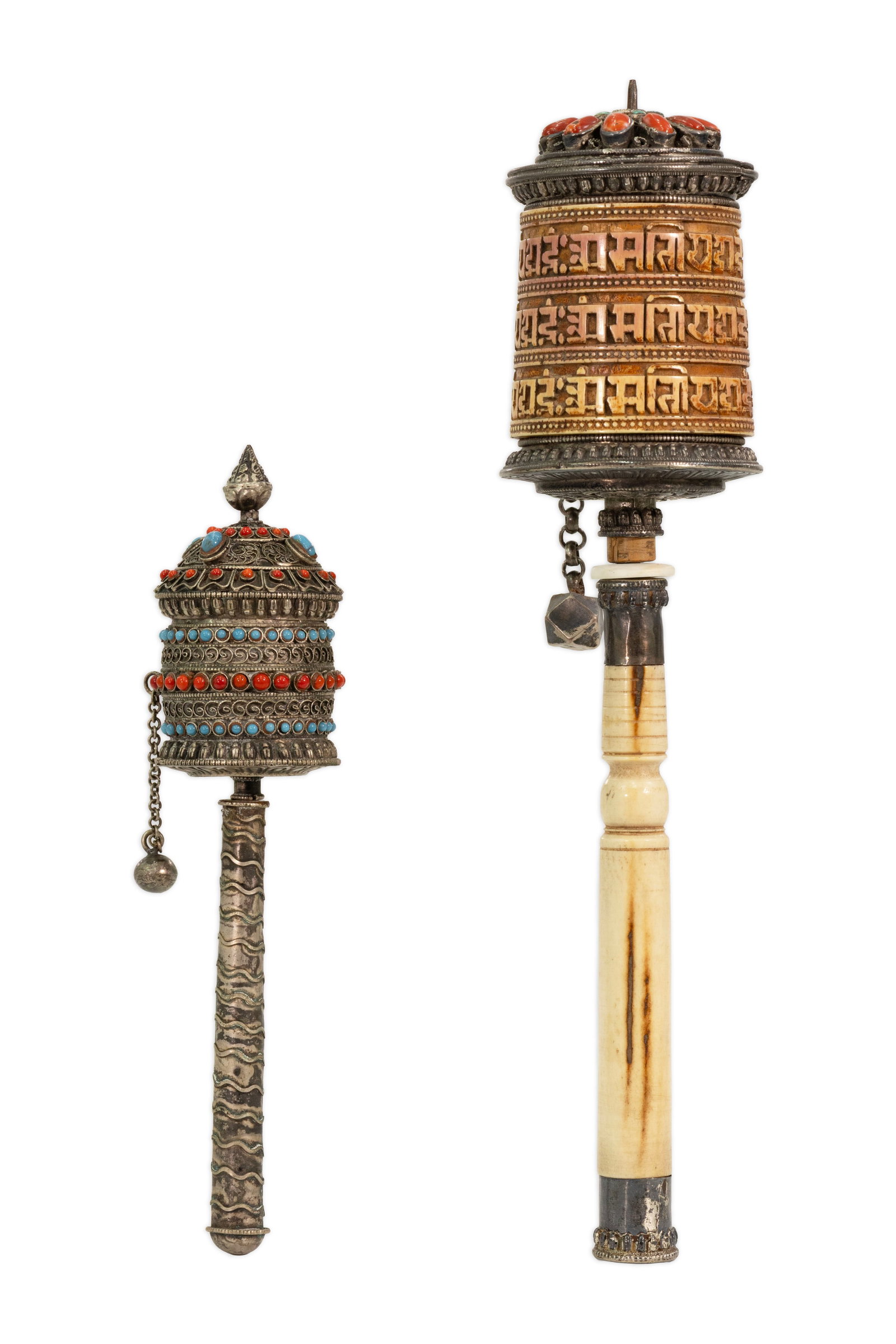 Pair of Tibetan Buddhist Prayer Wheels with Filigree Metalwork, Coral, & Turquoise Style Decoration (1 of 7)