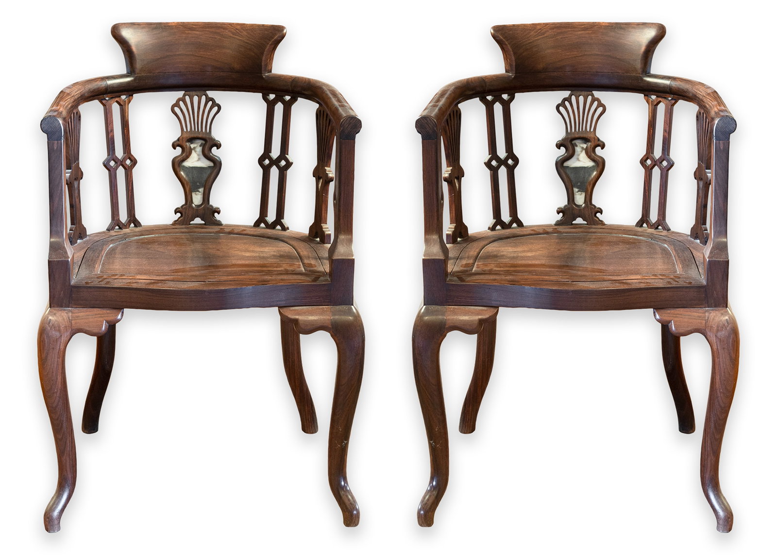 Pair of Georgian Style Mahogany Windsor Captain’s Armchairs with Pearl Inlay: Pair of Georgian-style mahogany Windsor captain’s armchairs featuring pierced vase-form back splats with pearl inlay accents, gracefully scrolled arm supports, and saddle-shaped seats. The chair