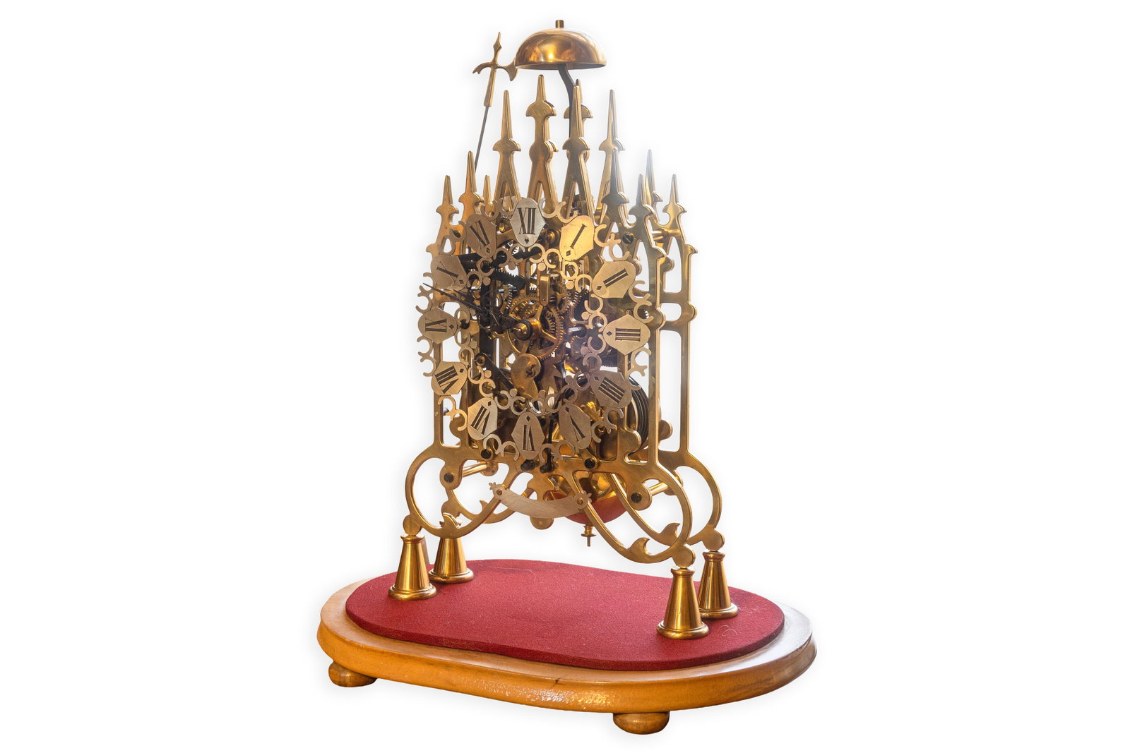 Swiss Brass Gothic Style Skeleton Clock under Glass Dome and Wood Base (1 of 10)