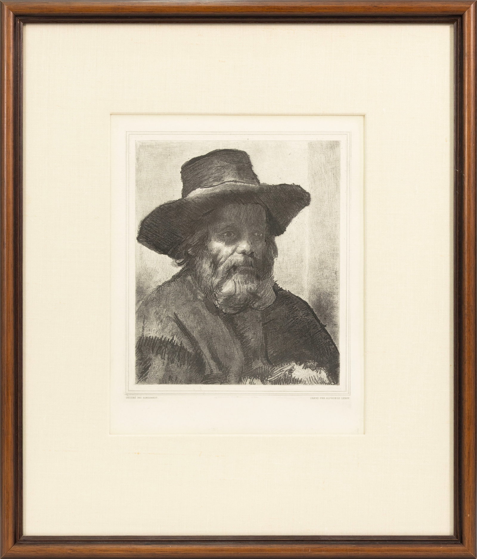 Rembrandt van Rijn - Portrait of a Man Wearing a Hat c.1860 Alphonse Leroy Aquatint After Rembrandt: A 19th century aquatint after a portrait by Dutch master Rembrandt van Rijn, engraved by French printmaker Alphonse Leroy. Printed with French inscriptions along the lower margin reading “Dessin