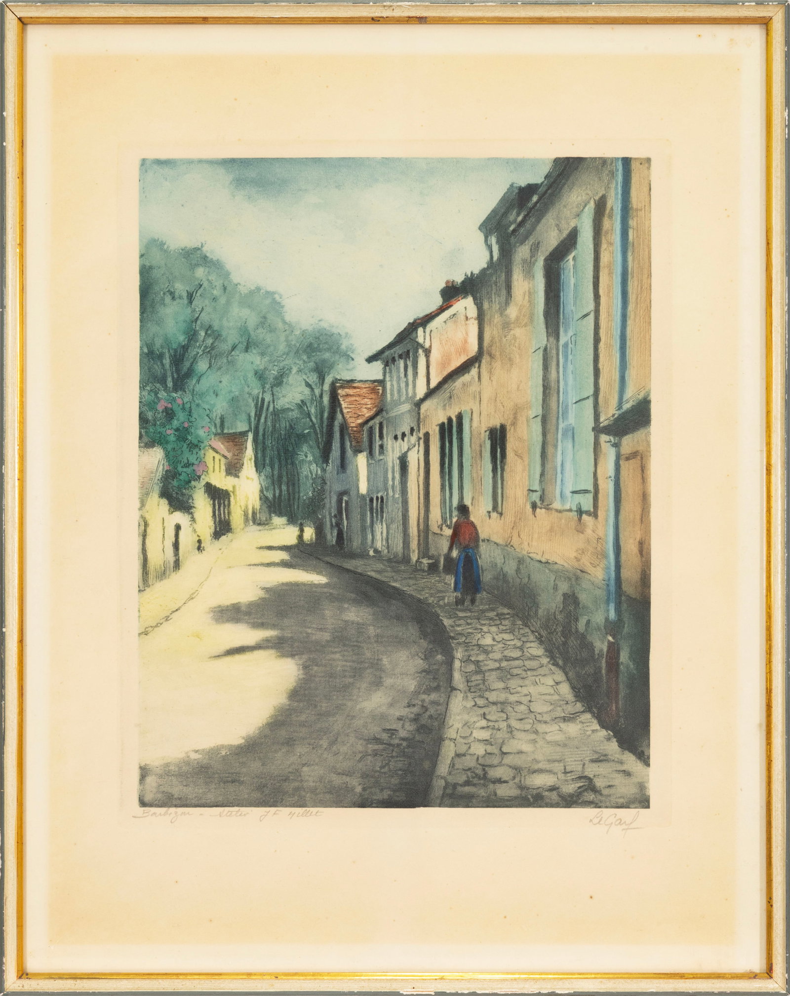 Jean-Francois Millet - Les Maison des Sept Gloires de Barbizon Aquatint Etching on Paper Framed: An aquatint etching on paper after Jean-François Millet depicts Les Maisons des Sept Gloires de Barbizon, a quiet street view in Barbizon, the French village associated with the Barbizon School o