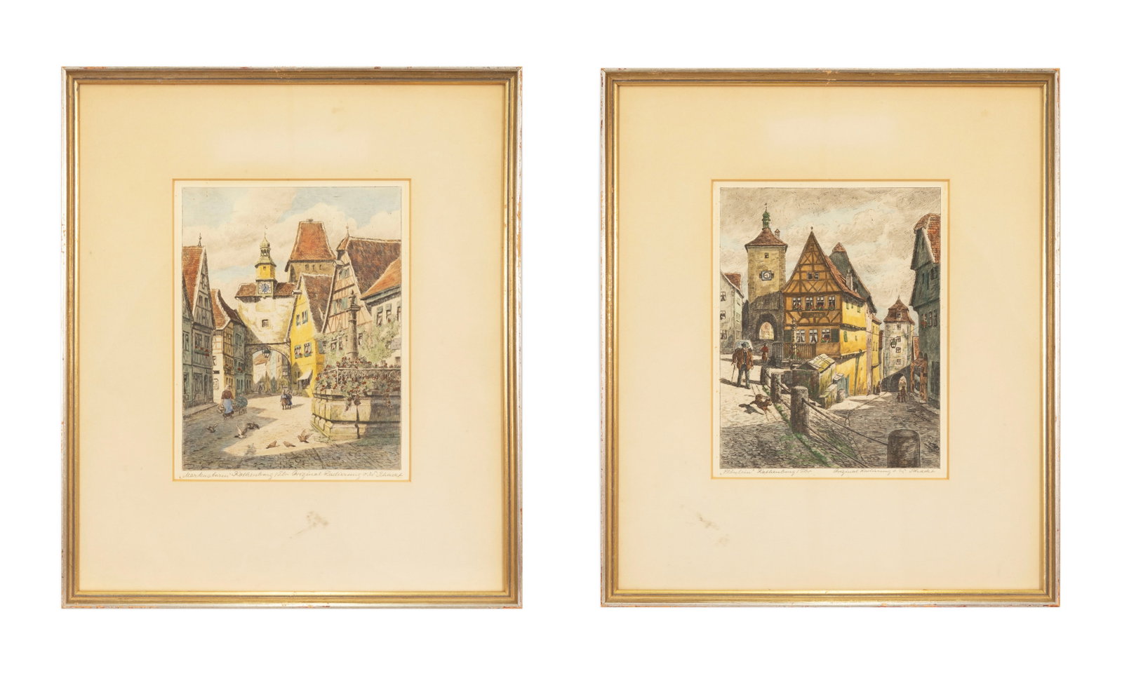 Ernst Geissendorfer Rothenburg ob der Tauber - Germany Pair of Hand Colored Etchings Paper Framed: A pair of two architectural street scenes rendered in etching with hand-coloring, depicting views of Rothenburg ob der Tauber, Germany by Ernst Geissendorfer/ The compositions show narrow cobblestone 