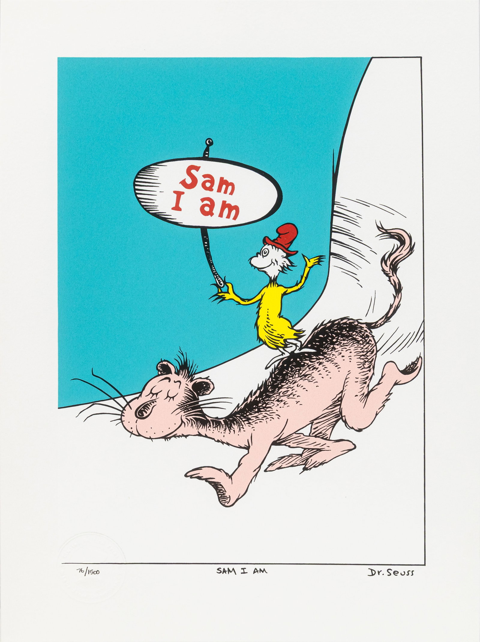 Dr. Seuss - Sam I Am (Green Eggs & Ham 1960) Signed Serigraph on Paper 76/1500 with COA: This serigraph on paper titled “Sam I Am” is a posthumous fine art edition adapted from the original illustration created for the beloved 1960 children’s book “Green Eggs and H