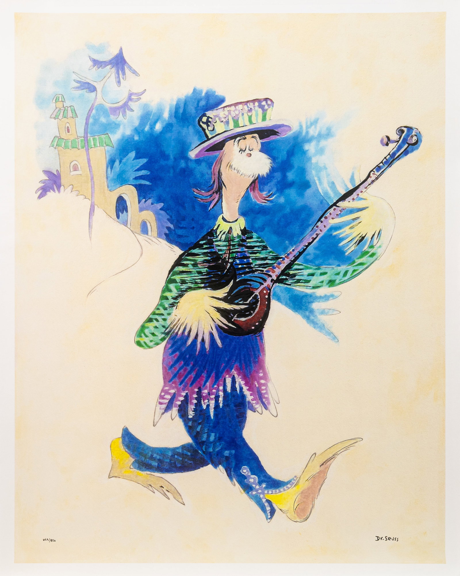 Dr. Seuss - Love and Music, Signed Mixed-Media Pigment Print on Canvas 623/850 with COA: A mixed-media pigment print on canvas titled “Love and Music” by Theodor Seuss Geisel, known as Dr. Suess. A vibrant posthumous edition from 2019 adapted from an original painting. Signed 