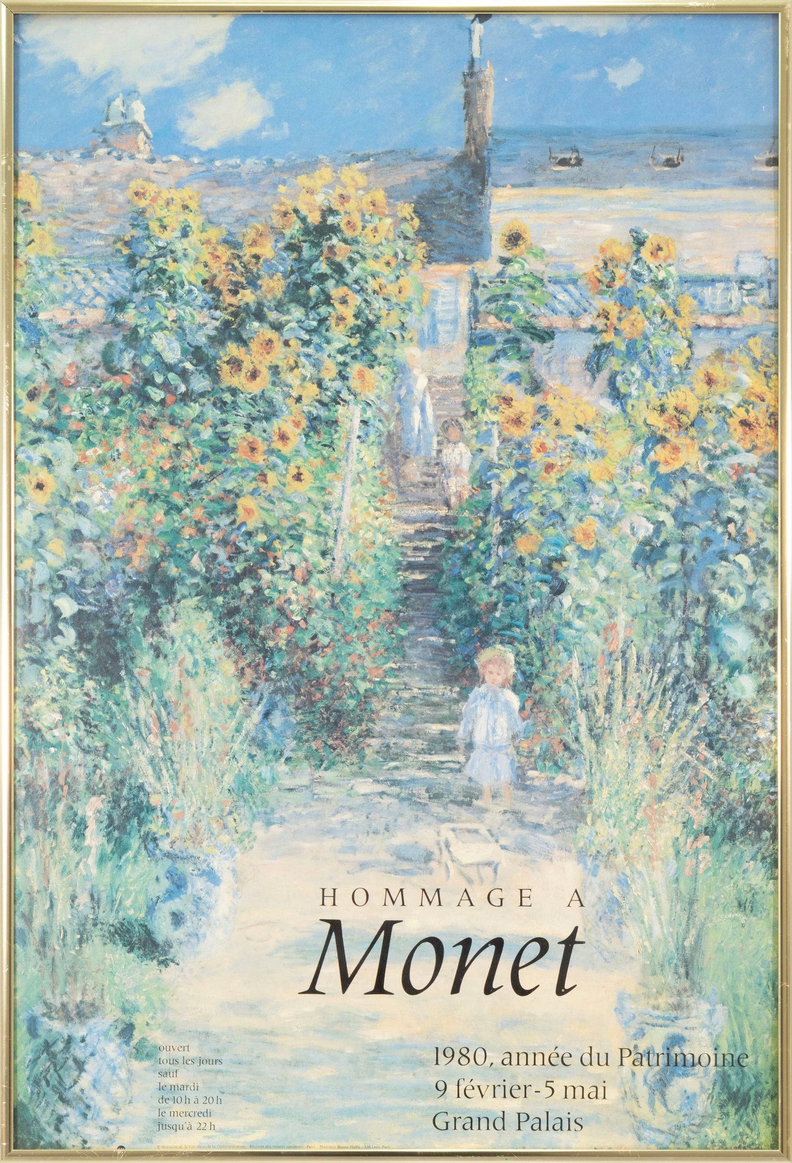 Claude Monet - Hommage a Monet from the Grand Palais 1980 Vintage Exhibition Poster Framed: A vintage exhibition poster produced for the “Hommage a Monet” exhibition at the Grand Palais in Paris in 1980. The work featured is Monet’s “The Artist’s Garden at Vethe