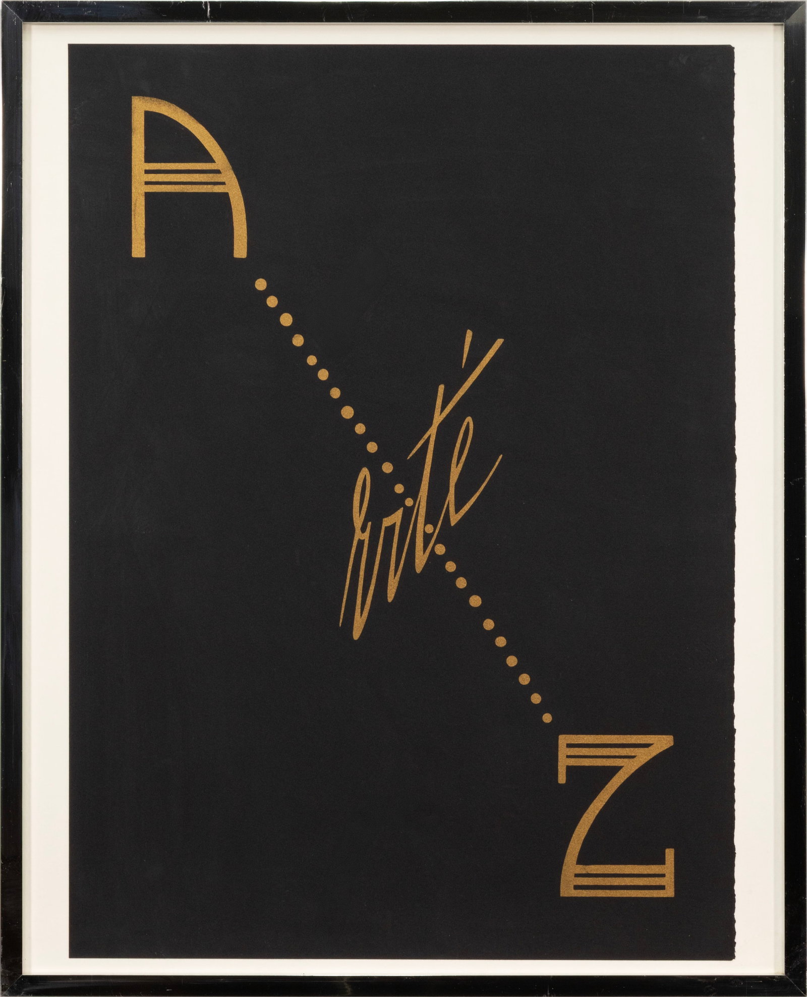 Erte - Alphabet Suite (Portfolio Cover) 1982 Screenprint on Paper Art Deco Print Framed: A 1982 screenprint portfolio cover from Erté’s celebrated Alphabet Suite, featuring a stylized Art Deco letterform rendered in metallic gold against a deep black ground. The composition exe