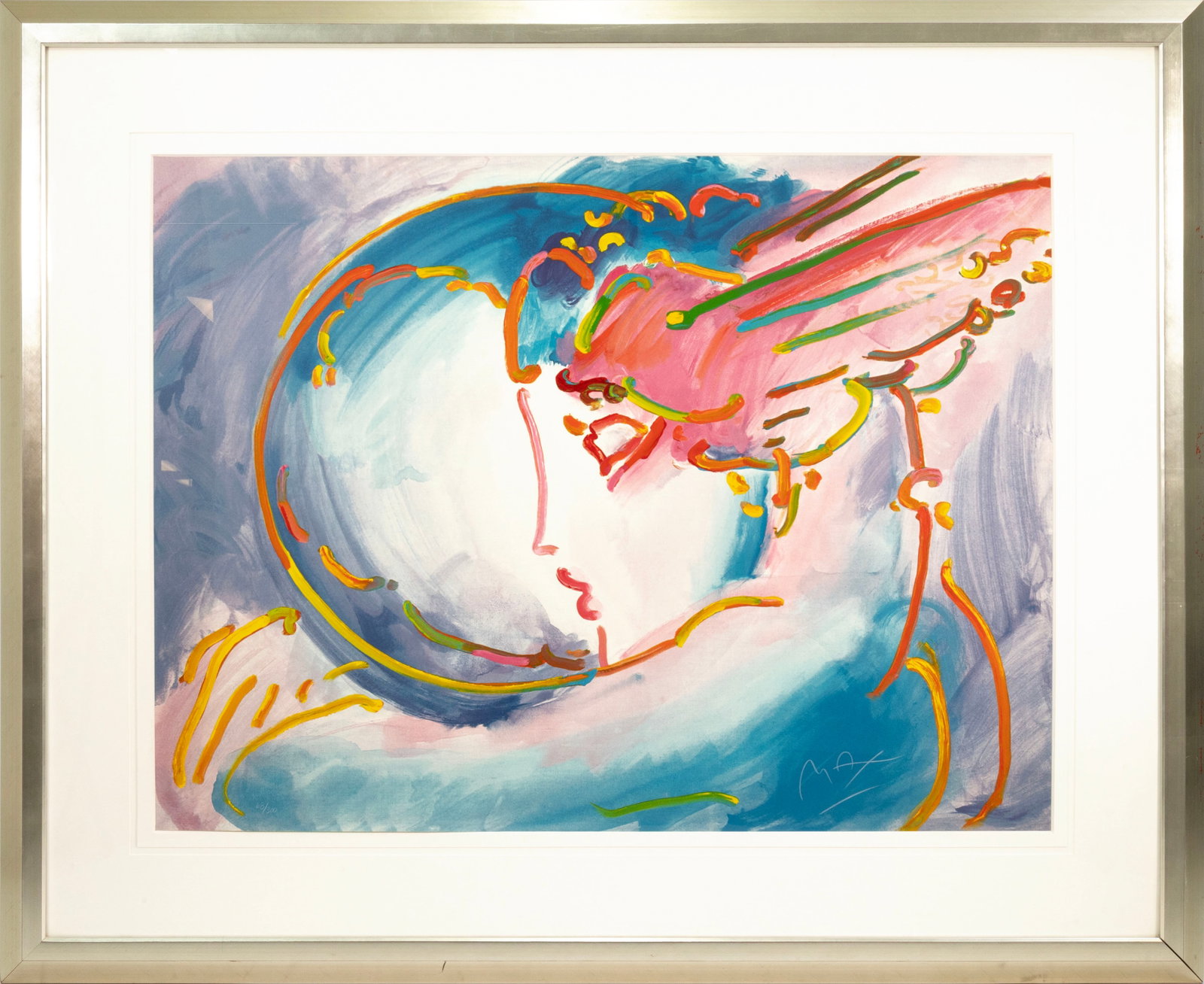 Peter Max - I Love the World 2000 Signed Serigraph on Paper 68/300 Framed Pop Art: A serigraph on paper titled "I Love the World" by Peter Max. Published circa 2000s. Hand signed in white pencil on the lower right with an annotation of 68/300. Known for his distinctive psychedelic s