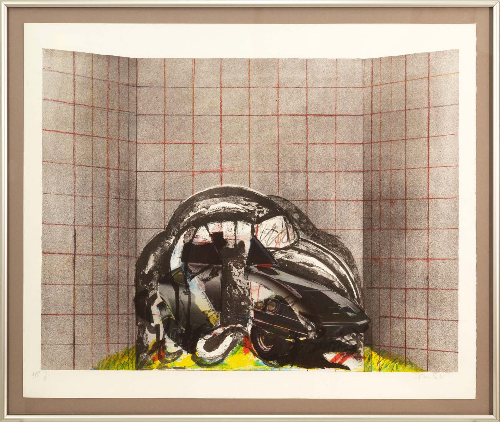 John Salt - Untitled (Wrecked Auto) 1969 Signed Lithograph on Paper AP 3/8 Pop Art Realism: A lithograph on paper “Untitled (Wrecked Auto)” by John Salt. Hand signed in pencil on the lower right with an annotation AP 3/8 on the lower left. Published in 1969. The composition depicts a