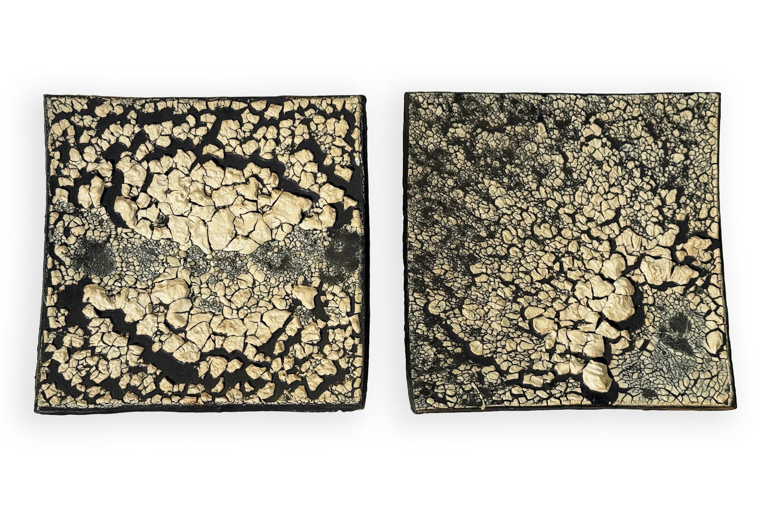 Robert Sperry - Pair of Untitled Crackle Glaze Stoneware Chargers, 1981 Signed Studio Ceramics: A pair of original stoneware chargers (1981) by American ceramic artist Robert Sperry. Each is signed and dated by the artist on the underside. The square-form chargers feature heavily textured cream-