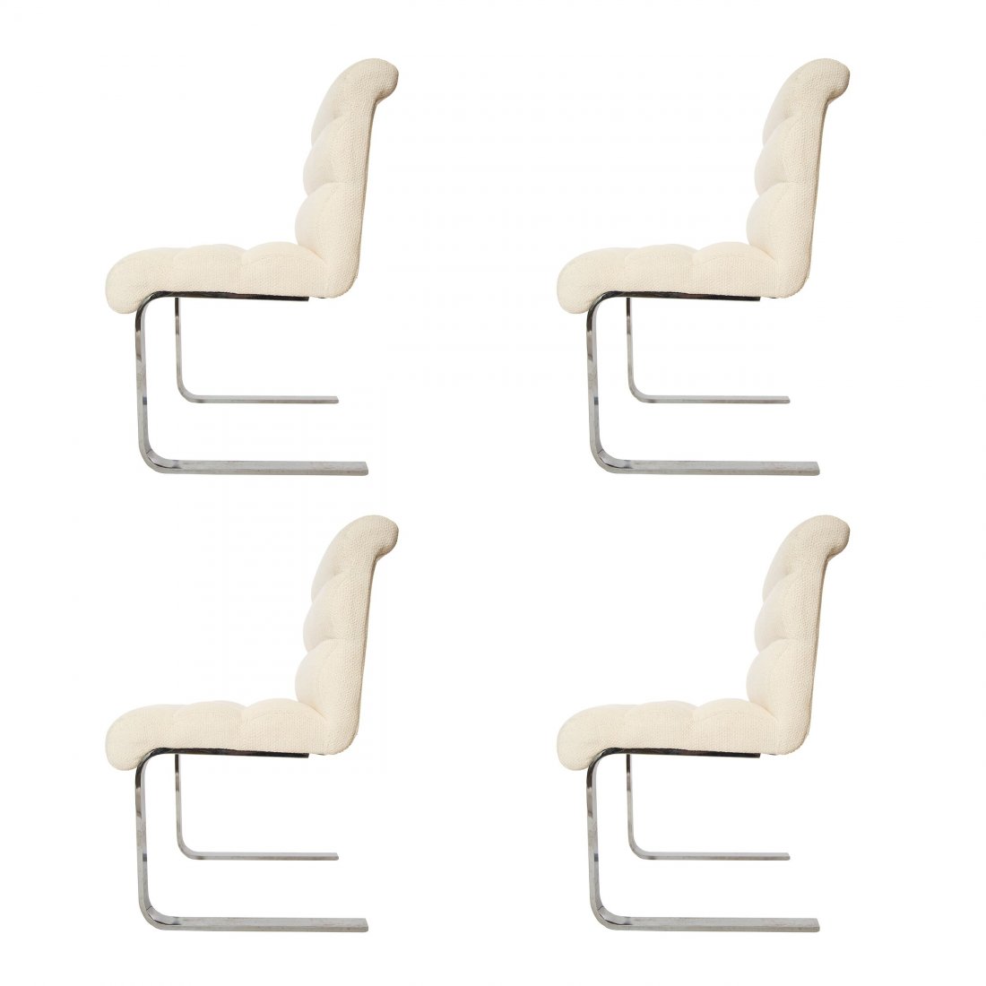 Set of 4 Pace Marianna Laguna Chrome Flat Bar Chairs: Four off-white Lugano by Mariani for Pace chrome flat bar dining chairs. Chrome, Upholstery and foam are in excellent condition. 34"x20"x20"