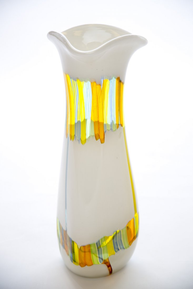 Ansolo Fuga Murano Vase Circa 1950's: Rare Ansolo Fuga Murano vase, circa 1950's. Retains an Original Label as pictured. 17.5"x5"x5"