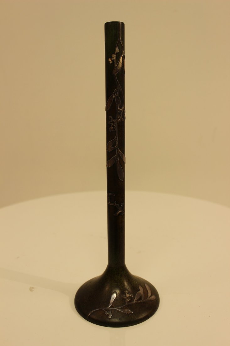 Heinz silver on bronze Leaf/Berry Vase: applied leaf /berry design silver on bronze 4" Dia x 12" H