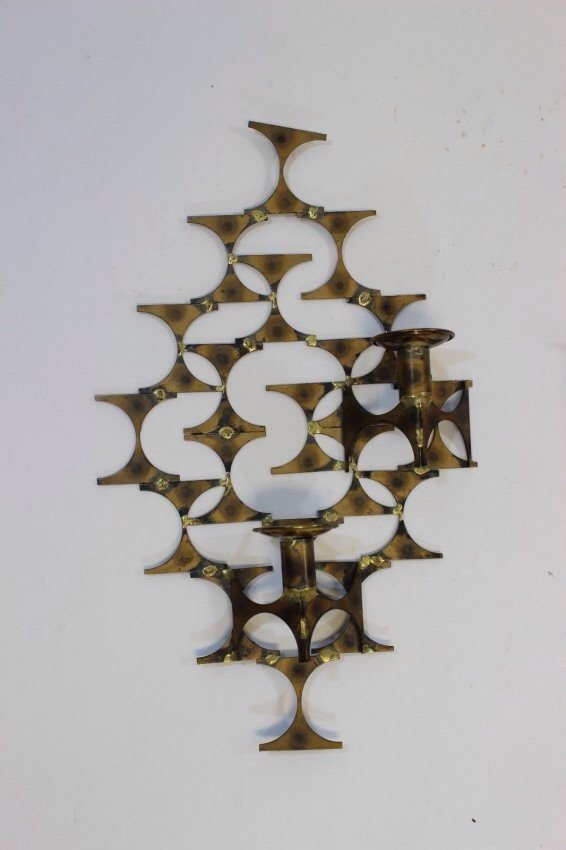 Pair of Mark Weinstein Sconces: A gorgeous pair of brutalist brass wall sconces by Marc Weinstein for Marc Creates. Original label with 4 candle holders. 19.5" H x 12" W x 3.5" D