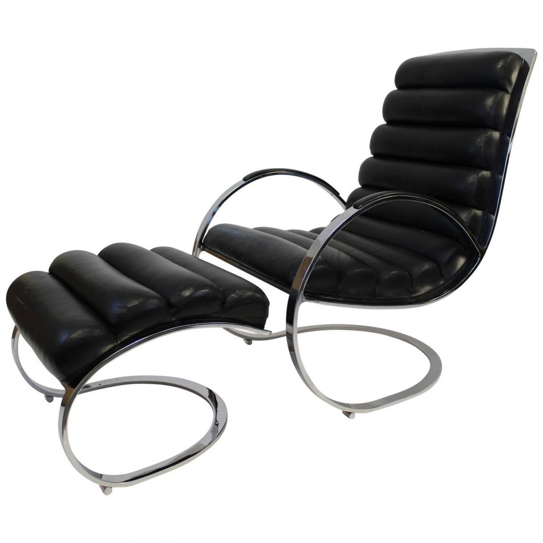 Brueton Chrome & Black Leather Chair & Ottoman: Great design Leather lounge chair and ottoman by Brueton. Chrome has some slight rusting in small area on ottoman. One small slit in the leather on set, shown in pictures. Chair: 26" W x 28" D x 40.5"