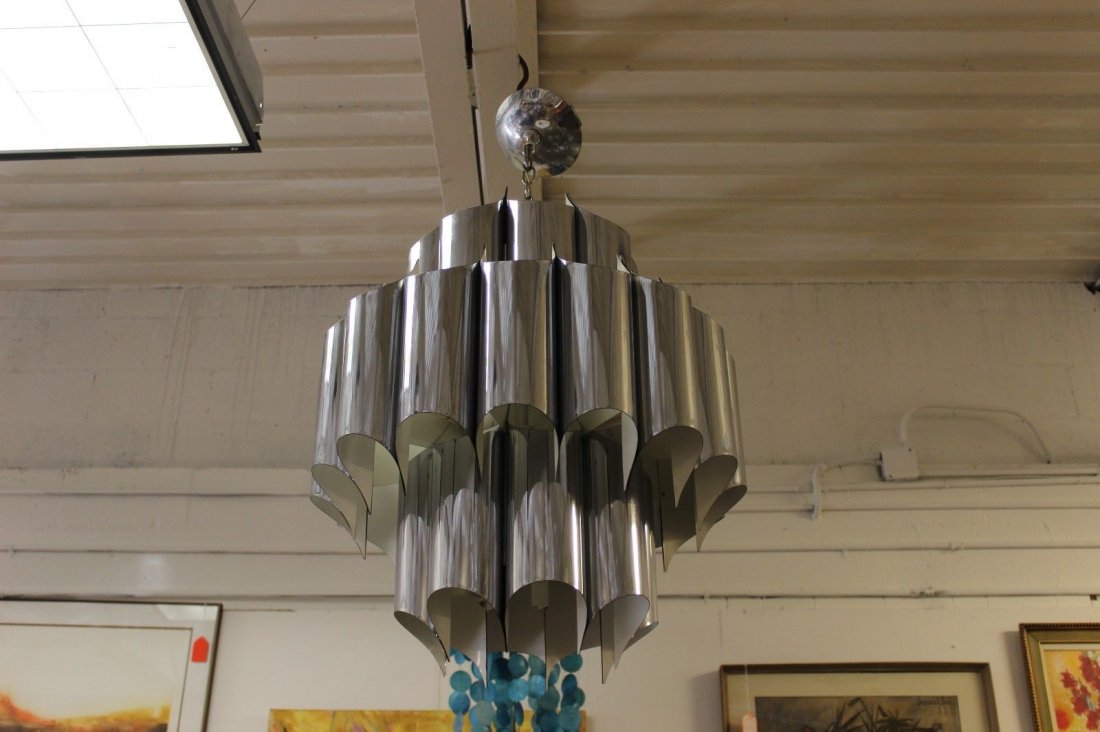 Robert Sonneman Chrome Tubular Hanging Light Fixture: A large, tubular, chrome and plated steel chandelier by Robert Sonneman. This one is a rare vintage piece. 27" H x 24" W x 24" D.