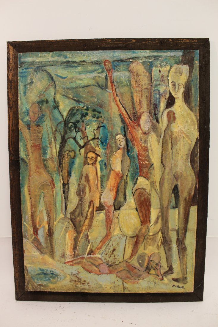 Cecil North signed Untitled Original Encaustic on wood: Fabulous work of art signed by Cecil North Untitled En-caustic on wood MCM. Great muted jewel tones with a textural surface which lends itself to such a compliment to any collection. Framed: 32" x 43.