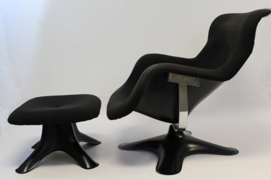 Kukkapuro Lounge Chair & Ottoman: Magnificent Lounge Chair designed in 1965 by YrjÃ¶ Kukkapuro for Haimi-Oy. This swivel chair has a fiberglass seat shell and base. Chromed steel spring and rubber dampers connect seat shell to base.