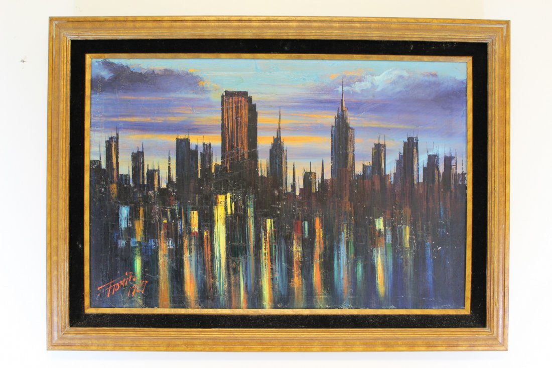 F Tomika (sp) signed Impressionistic city scape: Signed painting by F. Tomika Sophisticated example of a Mid-Century Impressionistic city scape.Great painterly quality along with soothing jewel tones lends this piece to complement any decor. Framed: