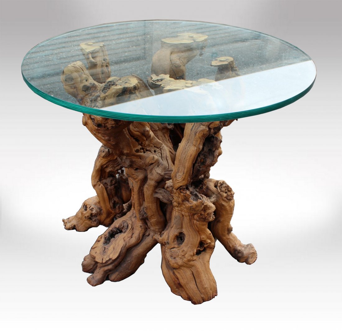 Burl Wood Driftwood Glass Top Side End Table