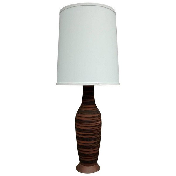 Lee Rosen for Design Techniques Table Lamp: Super rare raw red clay body table lamp by Lee Rosen for Design Technics, dating to 1950. Recent estate find, the pottery portion of this lamp measures 24" high. Overall height is 36". Incised clay bo