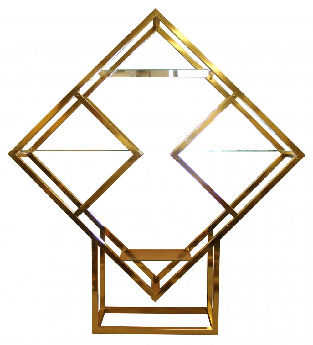 Milo Baughman Diamond Etagere: absolutely breathtaking, brass, display etagere in the shape of a diamond with four glass shelves. In excellent condition. The dimensions are 70" w x 13.75" D x 76.5" H.